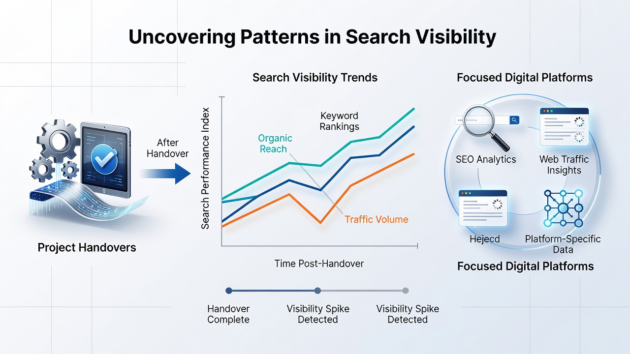 Screenshot of analytics dashboard displaying post-handover search performance metrics on a focused digital platform
